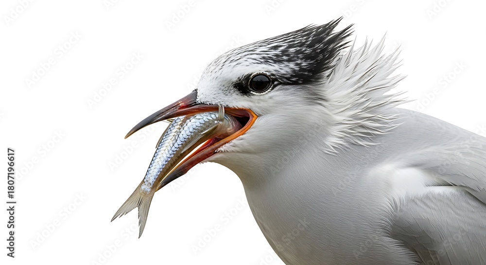 Obraz premium 明るい背景の中 白い鳥が魚をしっかり捕まえて 鮮やかに描写するクローズアップ写真