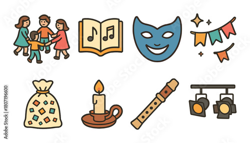 Artistic expression icons: theatre masks, music, dance, festive flags, and more