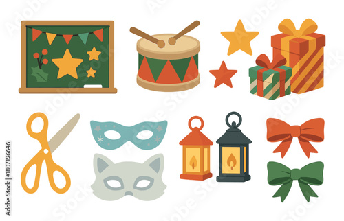 Colorful festive icons: lanterns, gifts, bows, drum, mask, and blackboard decoration