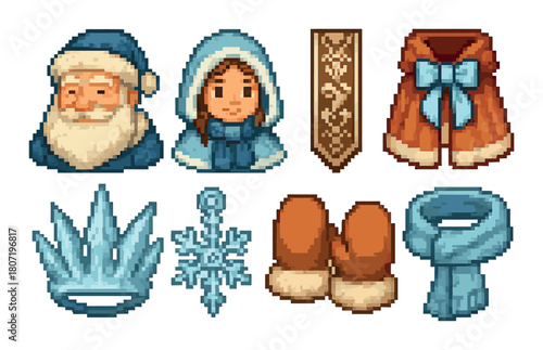 Pixel art winter symbols with caucasian characters and seasonal accessories