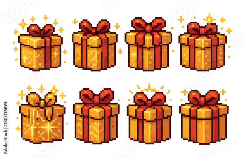 Pixel art: festive gold and red gift boxes on sparkling background