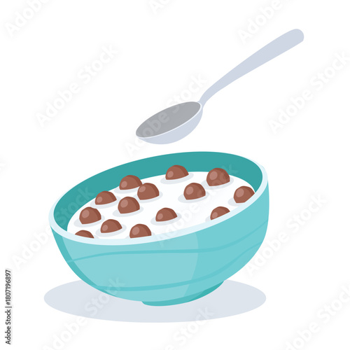 Vector illustration of crispy chocolate cereal balls in bowl with milk and spoon