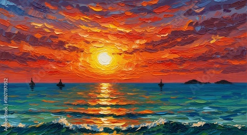Fototapeta Naklejka Na Ścianę i Meble -  Impressionist painting of a sunset over the sea with boats