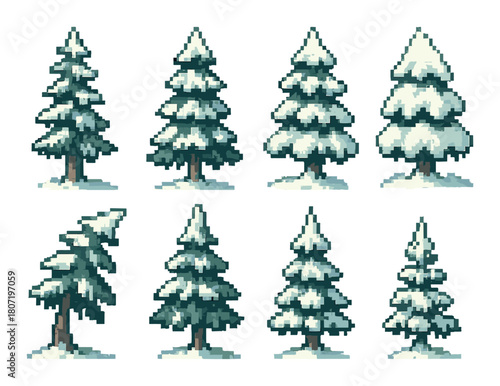 Pixel art winter trees set in various snowy stages