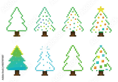 Glowing pixel art christmas trees with colorful ornaments and lights