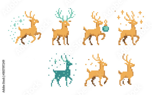Pixel art deer variations with glowing antlers and effects
