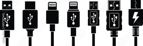 Collection of black usb cable connector icons, smartphone charging plugs silhouette set, type c, lightning, micro usb, technology vector illustration