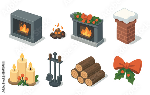 Cozy christmas fireplace icons with decorated mantels and winter elements