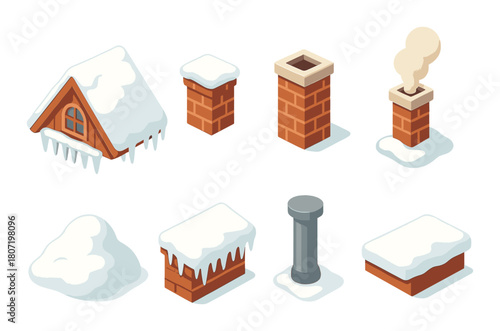 Winter isometric elements: snow-covered roofs, chimneys, and structures
