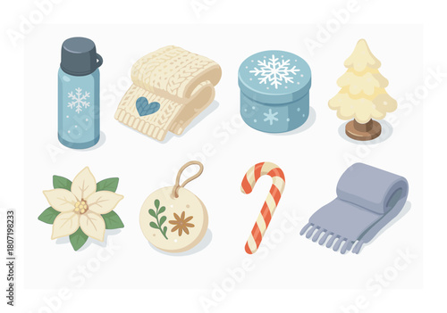 Cozy winter collection: scarf, candle, thermos, candy cane, and poinsettia illustration