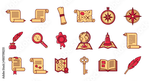 Vintage adventure icons set for treasure hunt and exploration storytelling elements