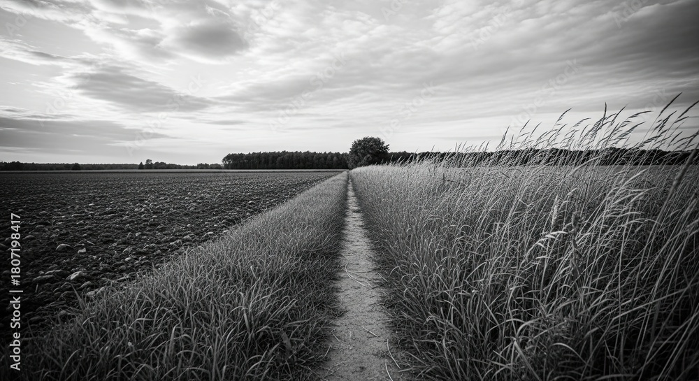 Naklejka premium A dramatic black and white rural scene featuring a narrow footpath separating a plowed agricultural field from tall grass, leading towards a distant treeline under a cloudy sky