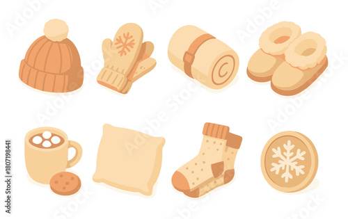 Cozy winter essentials: hat, mittens, blanket, slippers, snacks, cushion, socks, cookie