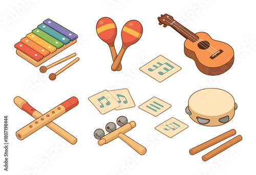 Colorful musical instruments set with xylophone, maracas, ukulele, tambourine, recorder, and guiro