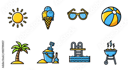 Summer fun icons, perfect for vacation, holidays, beach days, and sunny weather designs