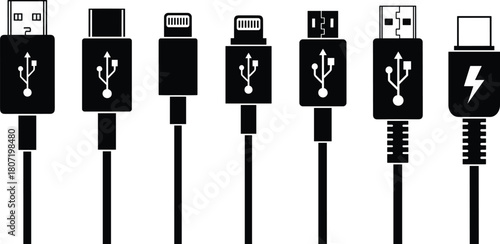Collection of USB cable connectors silhouette, smartphone charging cord icons, data transfer wire types, electronic device plug vector illustration