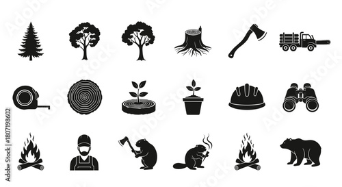 Lumberjack icons collection. Forestry tools and wildlife elements in a vector format