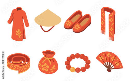 Traditional vietnamese cultural clothing and accessories in red and gold
