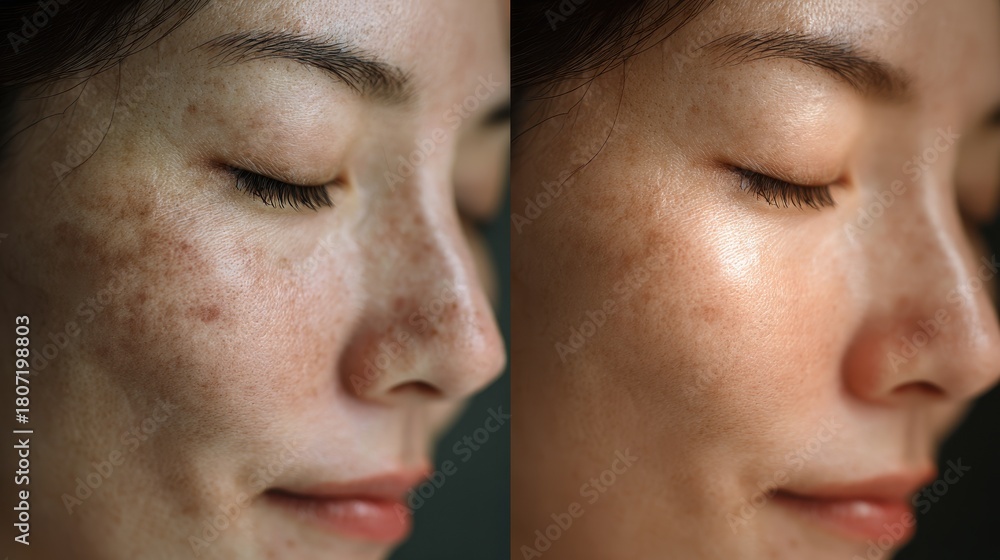 Obraz premium Before and after images of an Asian woman s face showing dark spot melasma and large pores after treatment Focus on skincare and health issues