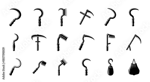 Collection of vintage farm tools perfect for historical designs and agricultural themes