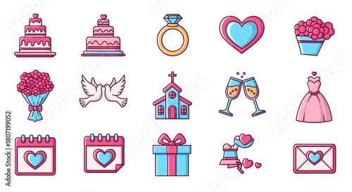 Romantic wedding icons for invitations and cards celebrating love and commitment bliss