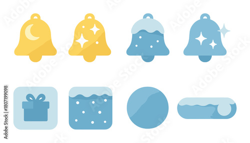 Glowing winter-themed icons set with bells, moon, gift, and snow elements