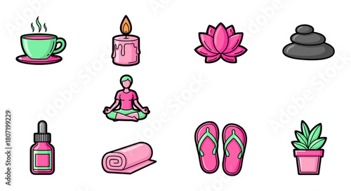 Relaxation and wellness icons set for spa, yoga, meditation practices for mindfulness