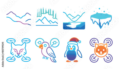 Colorful neon animal and nature icons: lynx, bird, penguin, landscape, aurora