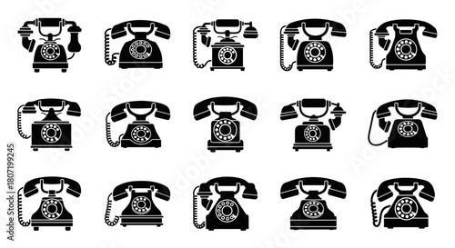 Classic rotary telephone collection, vintage phone icons, communication technology era