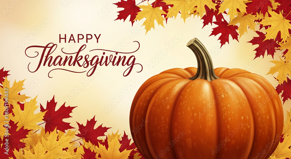 Fototapeta premium Image of orange pumpkin and maple leaves, red and yellow, with