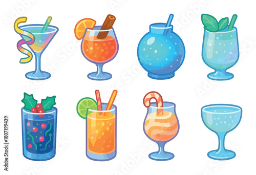 Vibrant assortment of colorful glowing cocktails featuring various garnishes and glasses