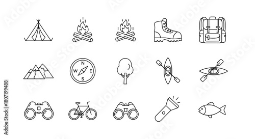 Explore outdoor adventure with tent, fire, mountain, kayak, and nature elements icons