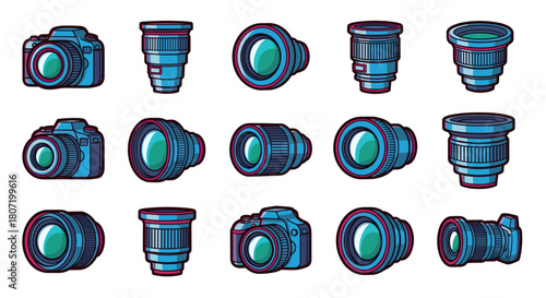 Photography equipment collection, lenses and cameras vector illustration, modern style