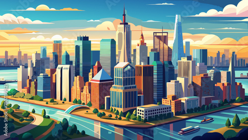 Very beautiful aerial panorama of Downtown New York City, showcasing towering skyscrapers rising above the Upper Bay, shimmering waters, and the iconic skyline stretching across the horizon in warm da