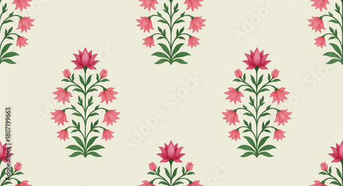 Mughal style botanical flower illustration with decorative leaves. Textile design flower patterns ornamental illustration. Vintage Mughal style with flowers and foliage.