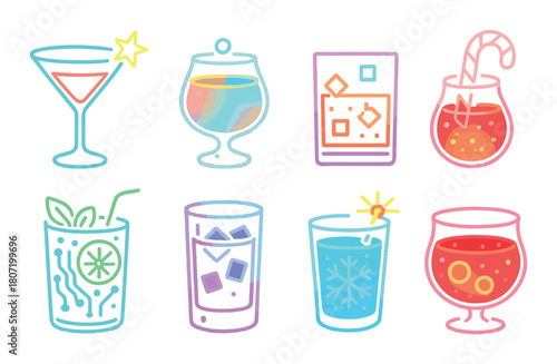 Vibrant neon cocktail icons set with colorful drinks and glowing effects