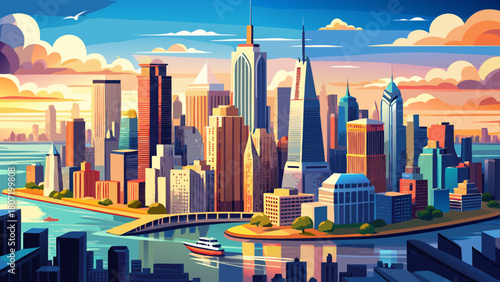 Very beautiful aerial panorama of Downtown New York City, showcasing towering skyscrapers rising above the Upper Bay, shimmering waters, and the iconic skyline stretching across the horizon in warm 