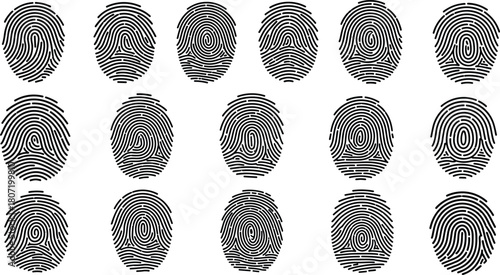 Fingerprint icon set, biometric identity verification, security thumbprint collection, vector illustration, black silhouette design, digital access control, police investigation symbols