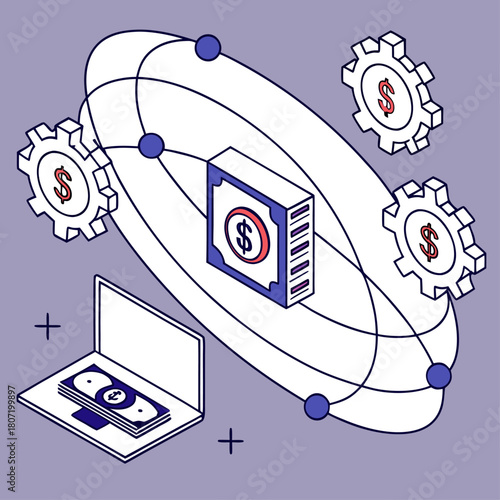Digital Finance Management and Global Investment Isometric illustration of money server and gears.