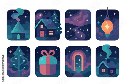 Whimsical night scene with cozy houses, stars, and mystical elements in dreamy colors