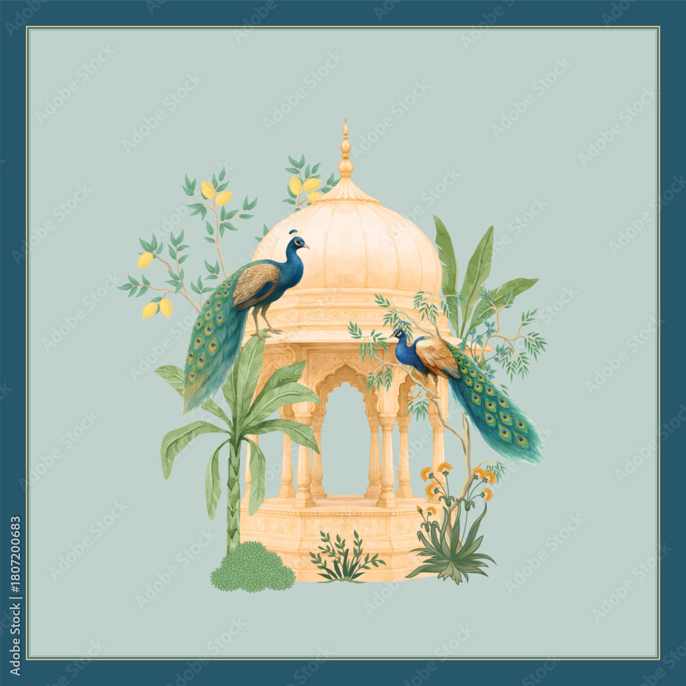 Fototapeta premium Traditional Indian Mughal invitation, dome architecture and tropical garden. Elegant Mughal wedding illustration with peacocks and ornate pavilion backdrop.