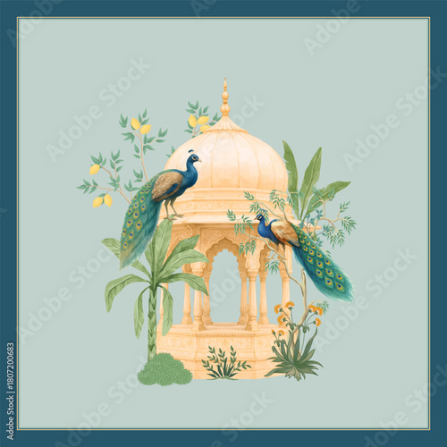 Traditional Indian Mughal invitation, dome architecture and tropical garden. Elegant Mughal wedding illustration with peacocks and ornate pavilion backdrop.