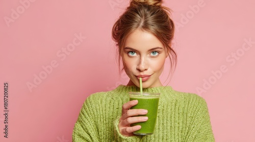 Healthy woman consuming green detox juice promoting a nutritious vegetarian lifestyle