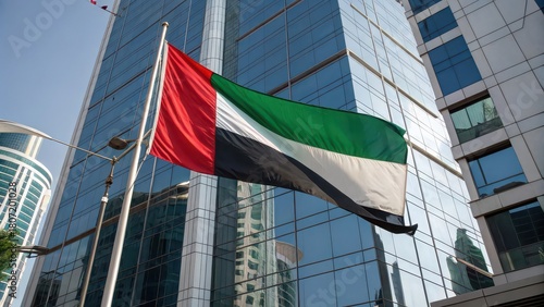 The united arab emirates flag waving in front of a modern building, representing the nations unity and progress in the world