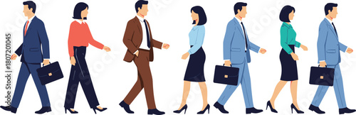 Group of business people walking together, corporate team men and women in suits, flat vector illustration, isolated on white