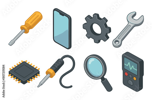 Tools and devices: screwdriver, smartphone, gear, wrench, chip, soldering iron, magnifying glass, multimeter