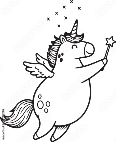 Whimsical winged unicorn with a magical star wand illustration, creating enchanted sparkles, isolated vector for fantasy designs