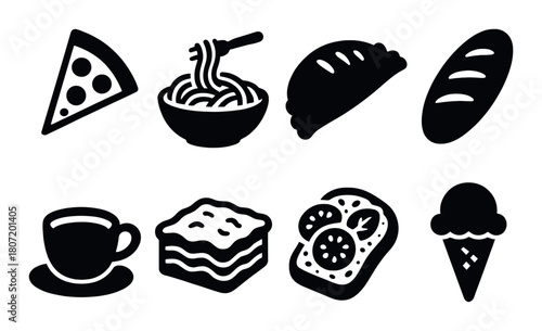 Monochrome icons of pizza, noodles, dumpling, bread, coffee, lasagna, sandwich, and ice cream