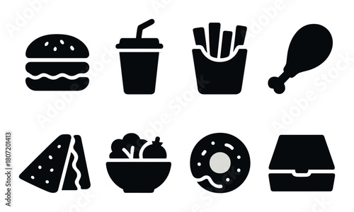 Fast food icons: burger, drink, fries, chicken leg, sandwich, salad, donut, box