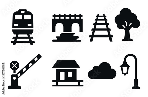 Black silhouette icons of train, bridge, tracks, tree, barrier, station, cloud, streetlight